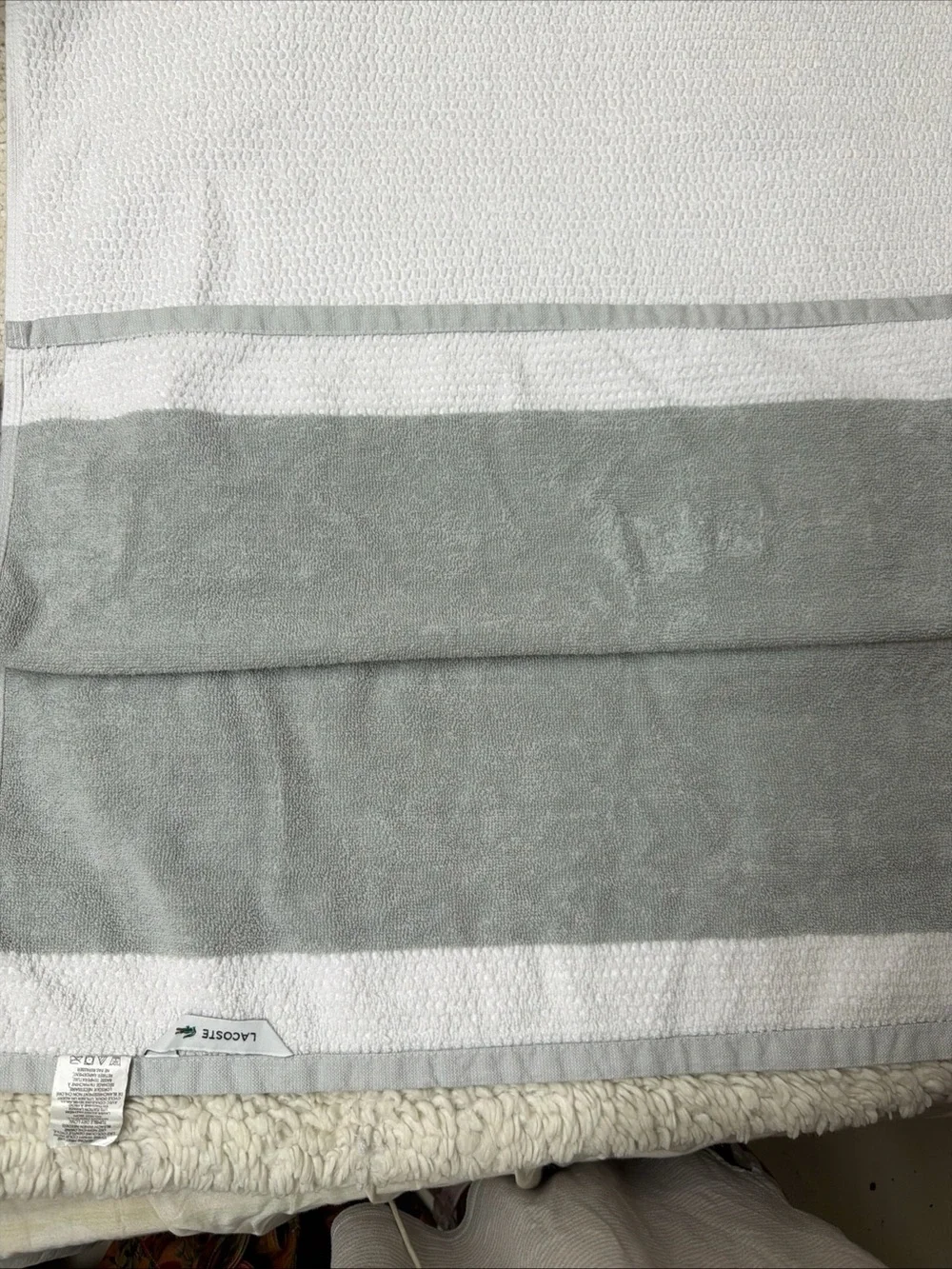 Lacoste White Towel with Gray Band and Green Crocodile Embroidery 100% Cotton